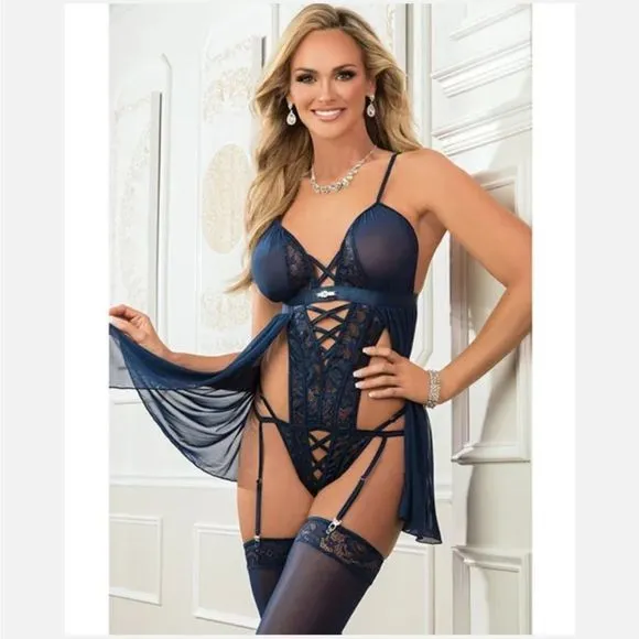 Mini Dress Babydoll Strappy Teddy - One Size - Blue Opal