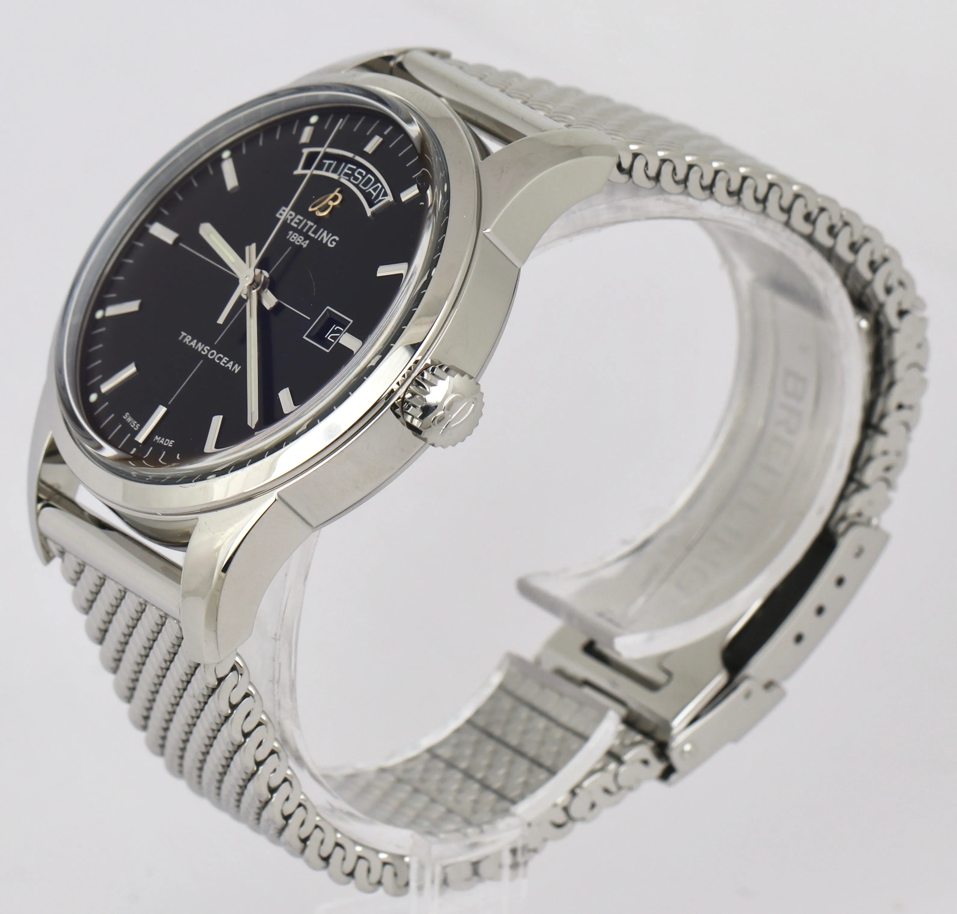 MINT Breitling Transocean Day Date Black 43mm A45310 Stainless Steel Watch