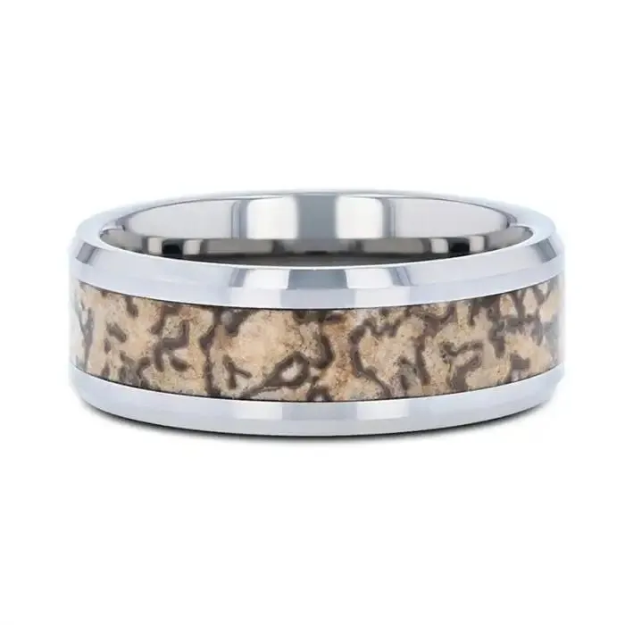 ORDOVICIAN | Silver Tungsten Ring, Brown Dinosaur Bone Inlay, Beveled