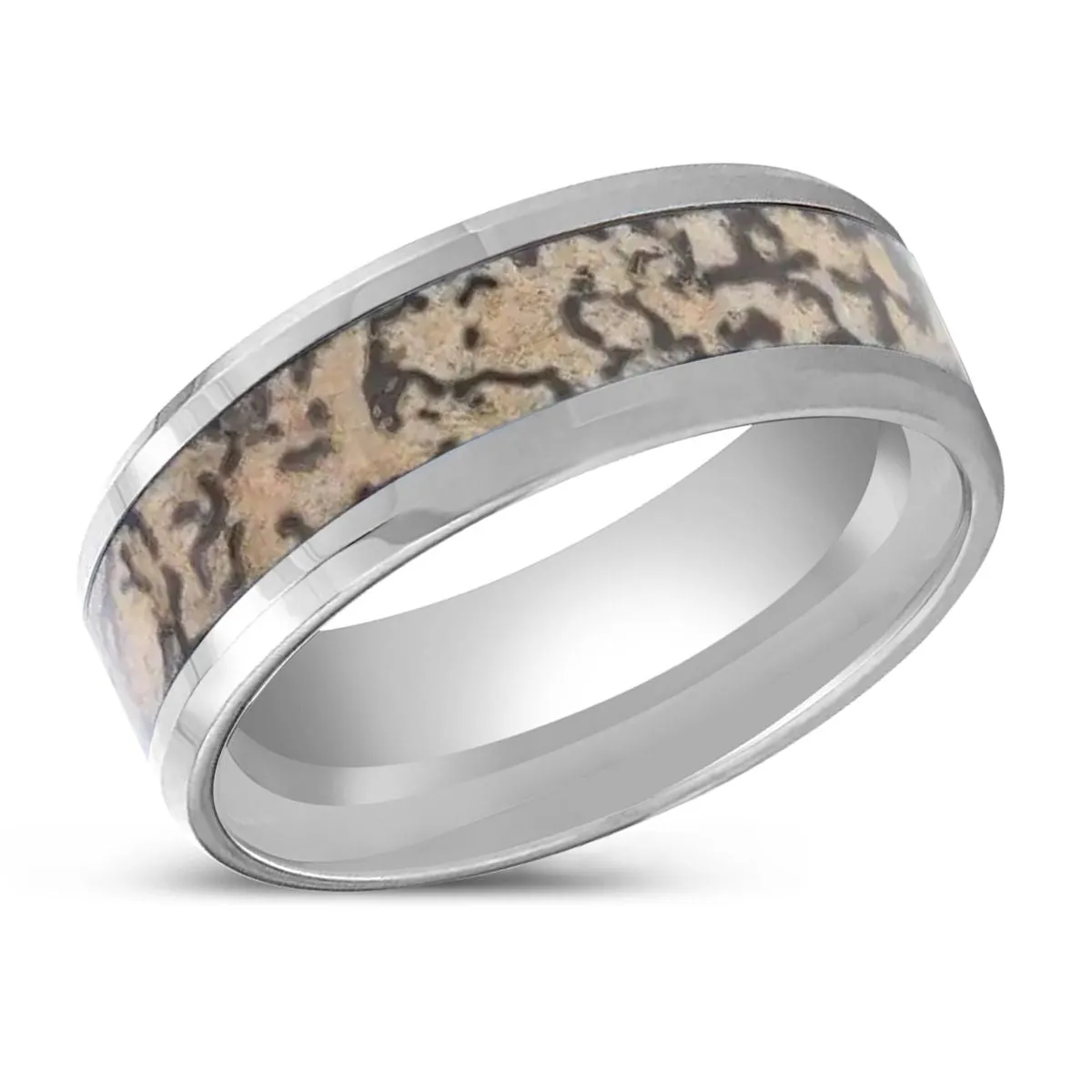 ORDOVICIAN | Silver Tungsten Ring, Brown Dinosaur Bone Inlay, Beveled