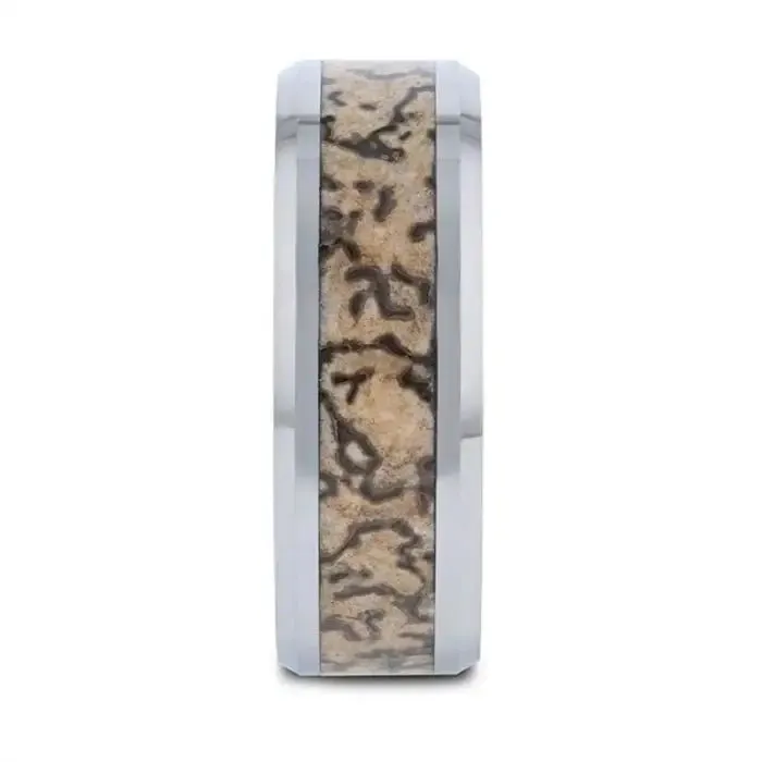 ORDOVICIAN | Silver Tungsten Ring, Brown Dinosaur Bone Inlay, Beveled