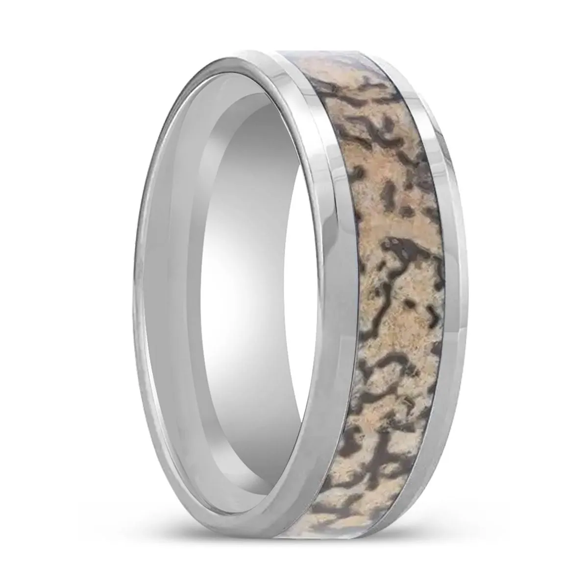 ORDOVICIAN | Silver Tungsten Ring, Brown Dinosaur Bone Inlay, Beveled