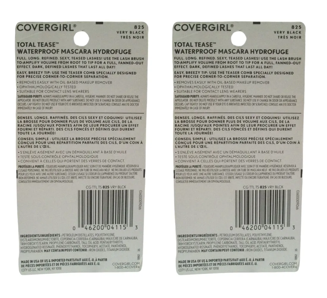 Pack of 2 CoverGirl Total Tease Waterproof Mascara, Very Black 825