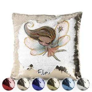 Personalised Sequin Cushion with Cute Text and Gold Wand Auburn Hair Fairy