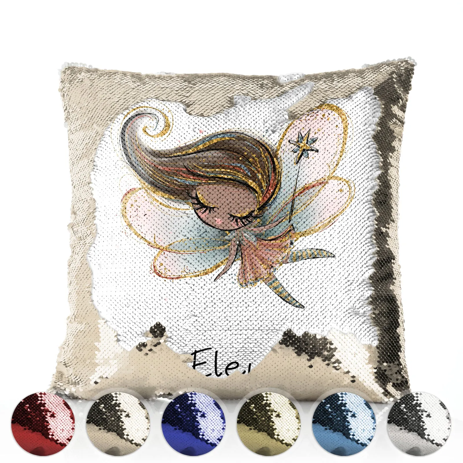Personalised Sequin Cushion with Cute Text and Gold Wand Auburn Hair Fairy