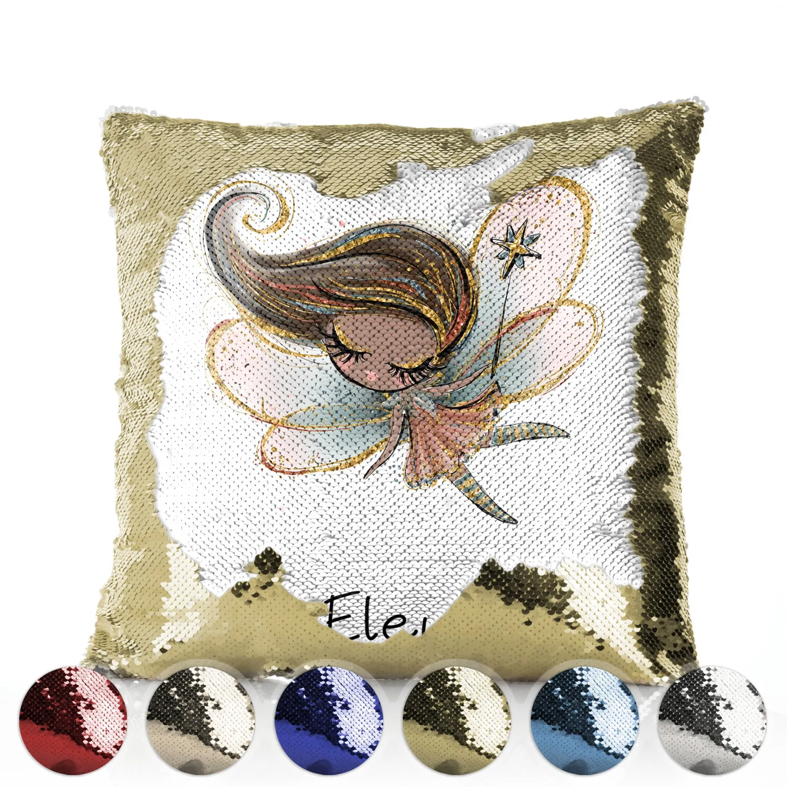 Personalised Sequin Cushion with Cute Text and Gold Wand Auburn Hair Fairy