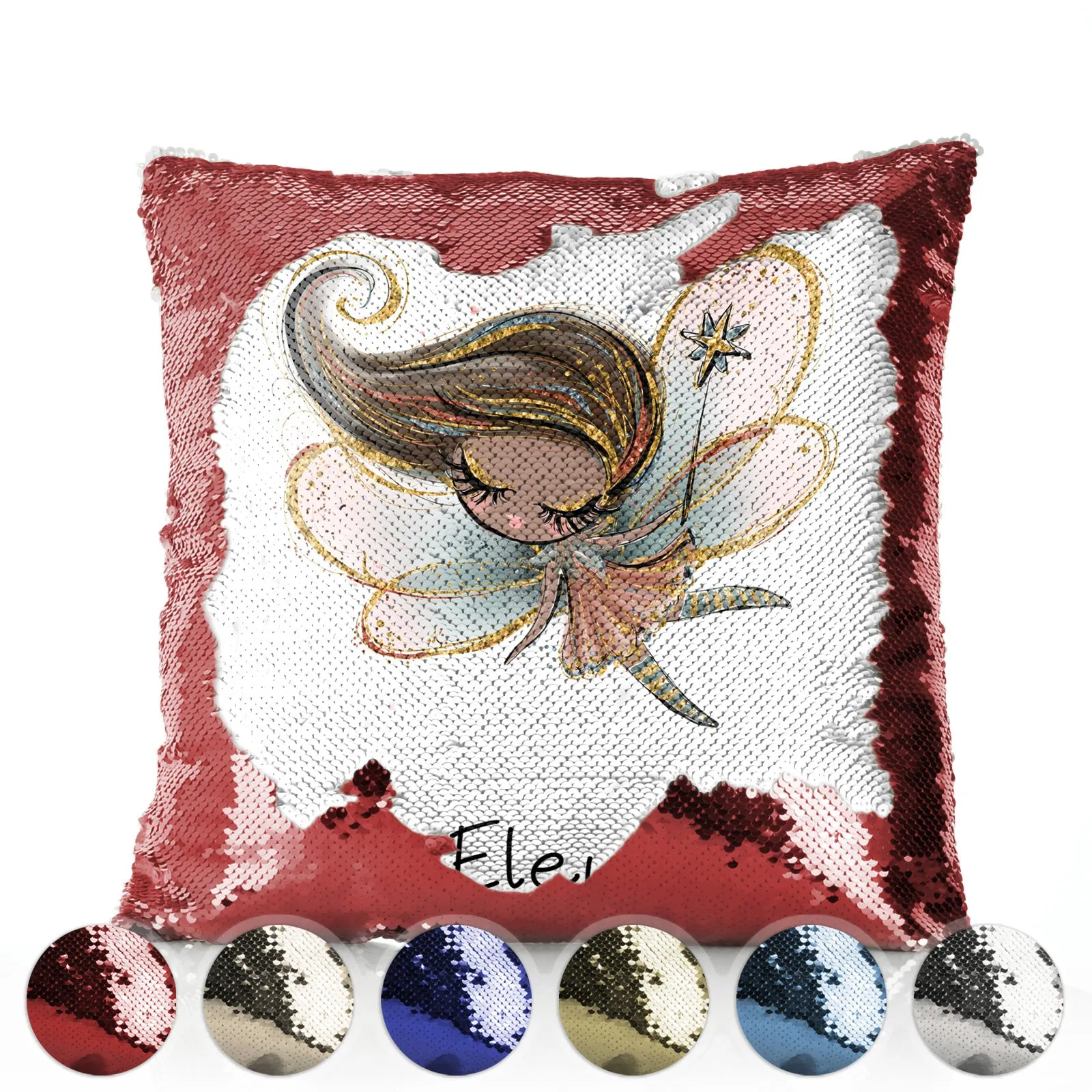 Personalised Sequin Cushion with Cute Text and Gold Wand Auburn Hair Fairy