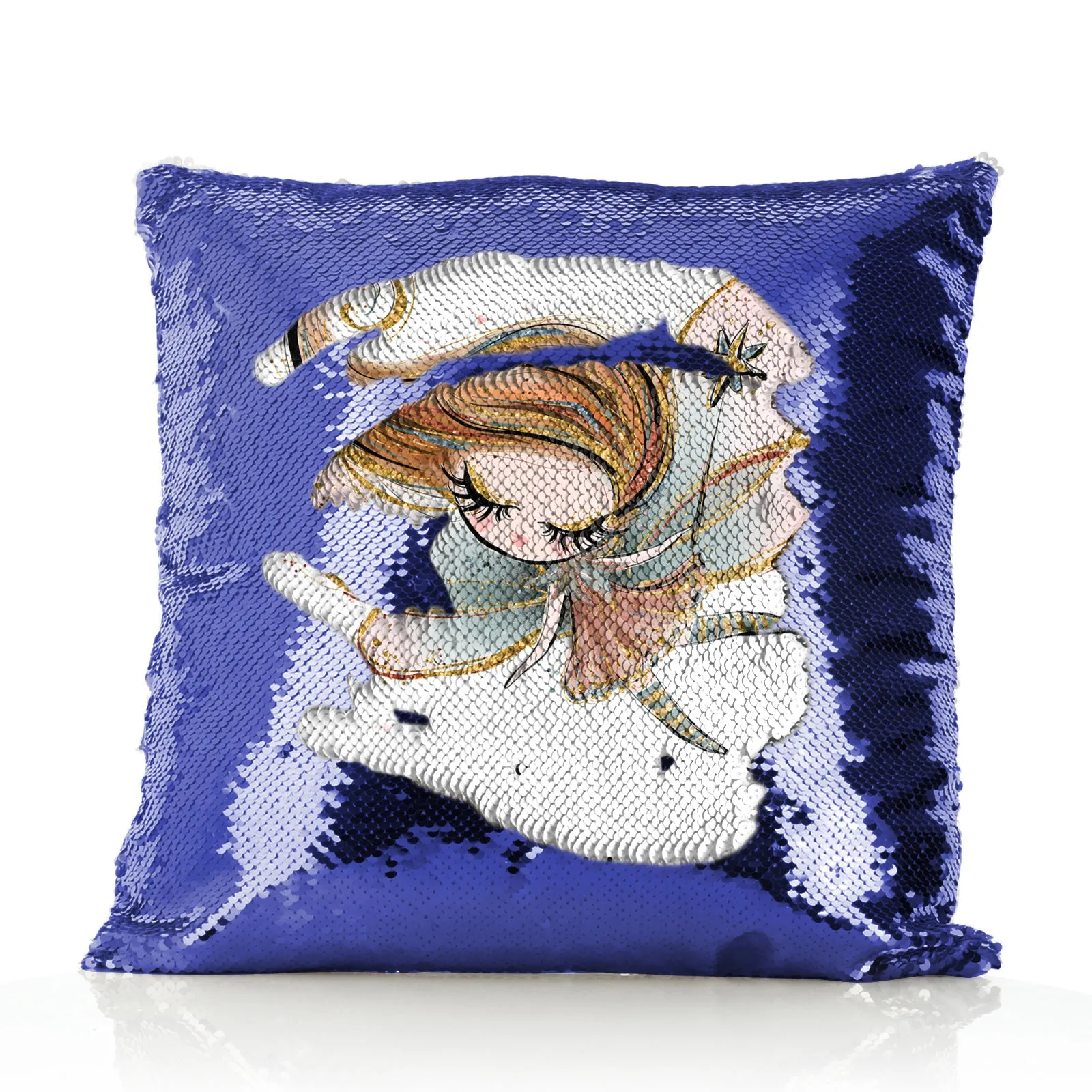 Personalised Sequin Cushion with Cute Text and Gold Wand Auburn Hair Fairy