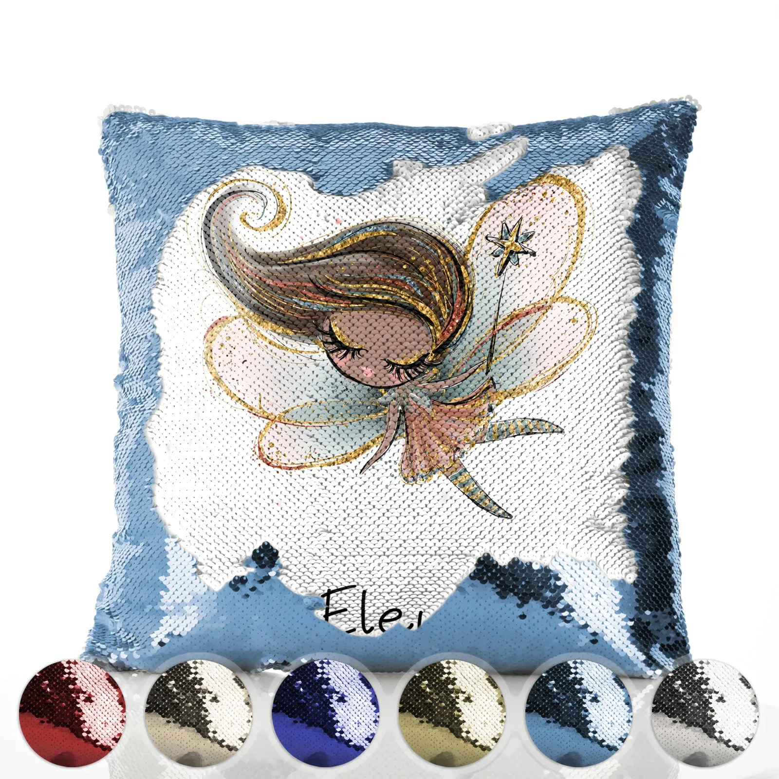 Personalised Sequin Cushion with Cute Text and Gold Wand Auburn Hair Fairy