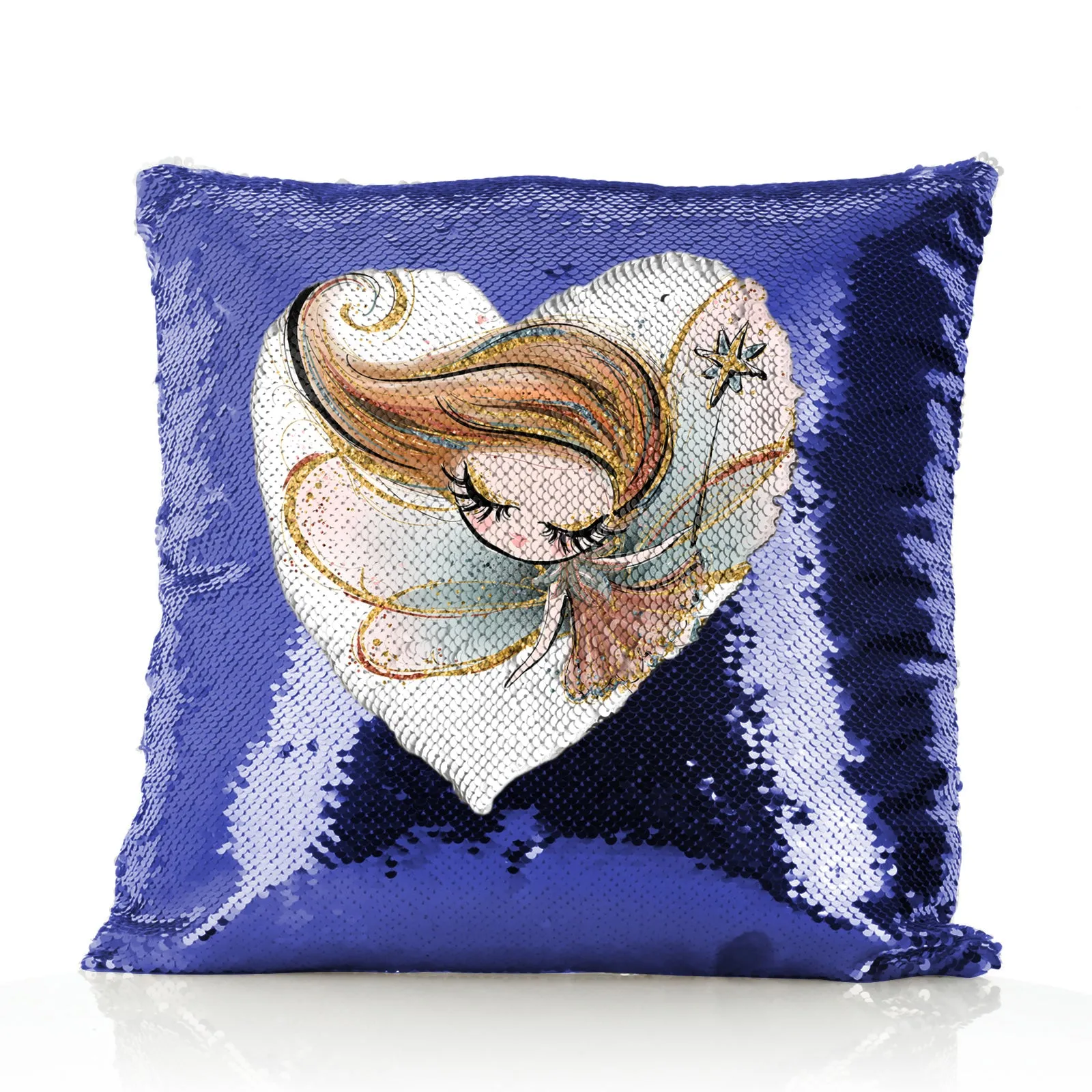 Personalised Sequin Cushion with Cute Text and Gold Wand Auburn Hair Fairy