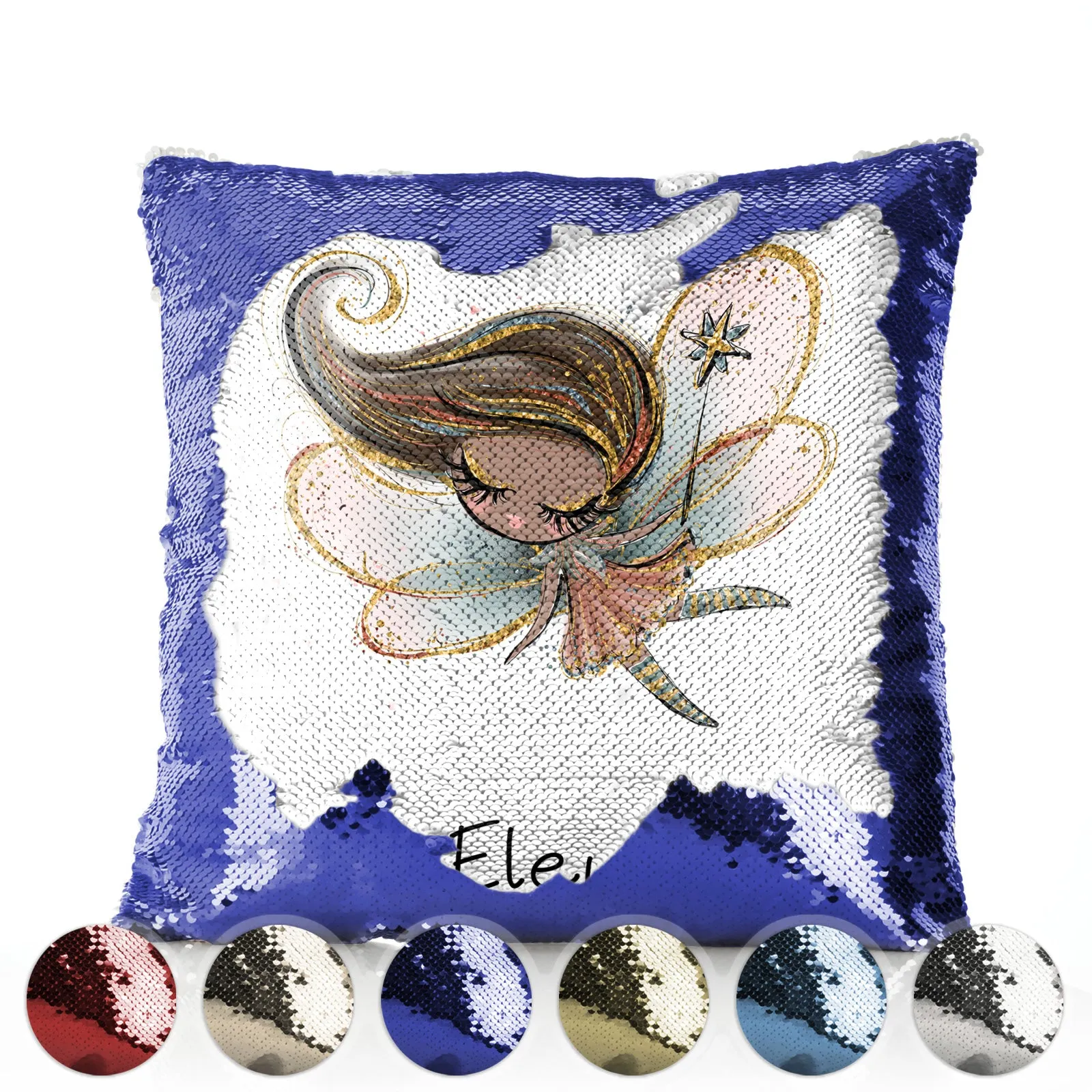 Personalised Sequin Cushion with Cute Text and Gold Wand Auburn Hair Fairy