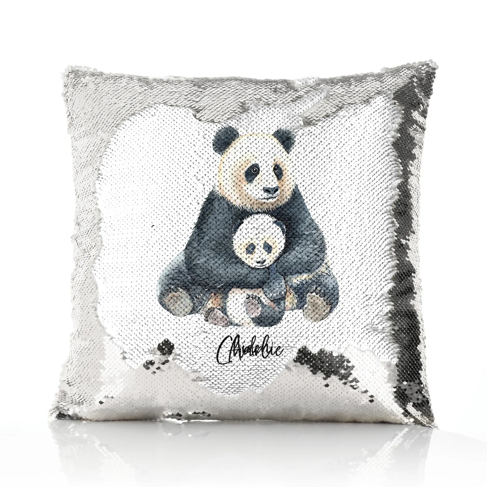 Personalised Sequin Cushion with Welcoming Text and Relaxing Mum and Baby Pandas