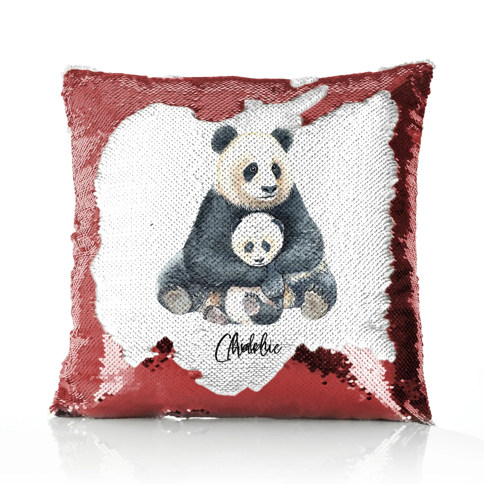 Personalised Sequin Cushion with Welcoming Text and Relaxing Mum and Baby Pandas