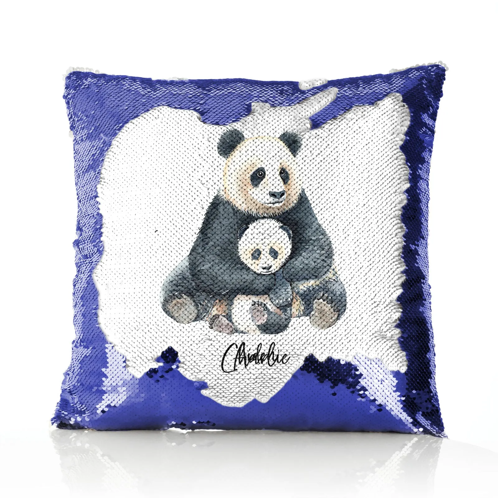Personalised Sequin Cushion with Welcoming Text and Relaxing Mum and Baby Pandas