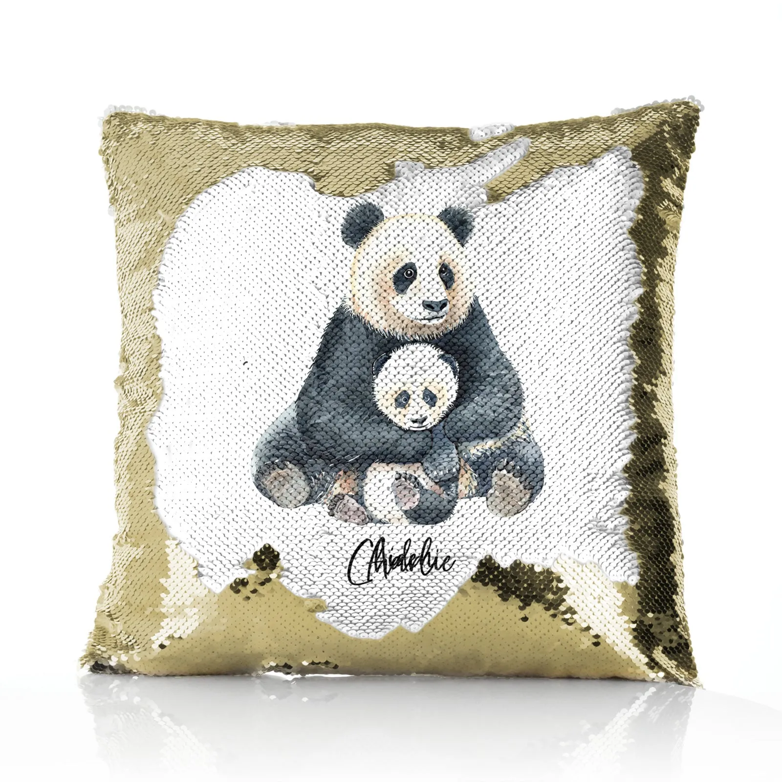 Personalised Sequin Cushion with Welcoming Text and Relaxing Mum and Baby Pandas