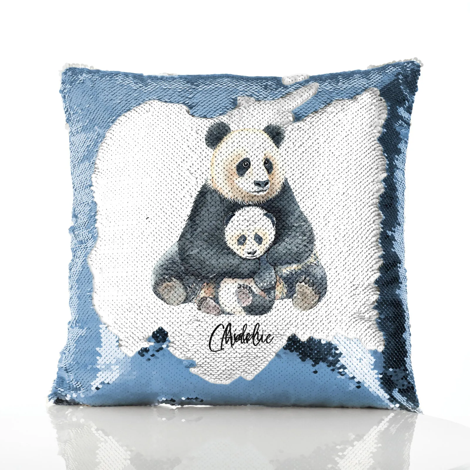 Personalised Sequin Cushion with Welcoming Text and Relaxing Mum and Baby Pandas