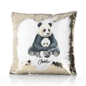 Personalised Sequin Cushion with Welcoming Text and Relaxing Mum and Baby Pandas