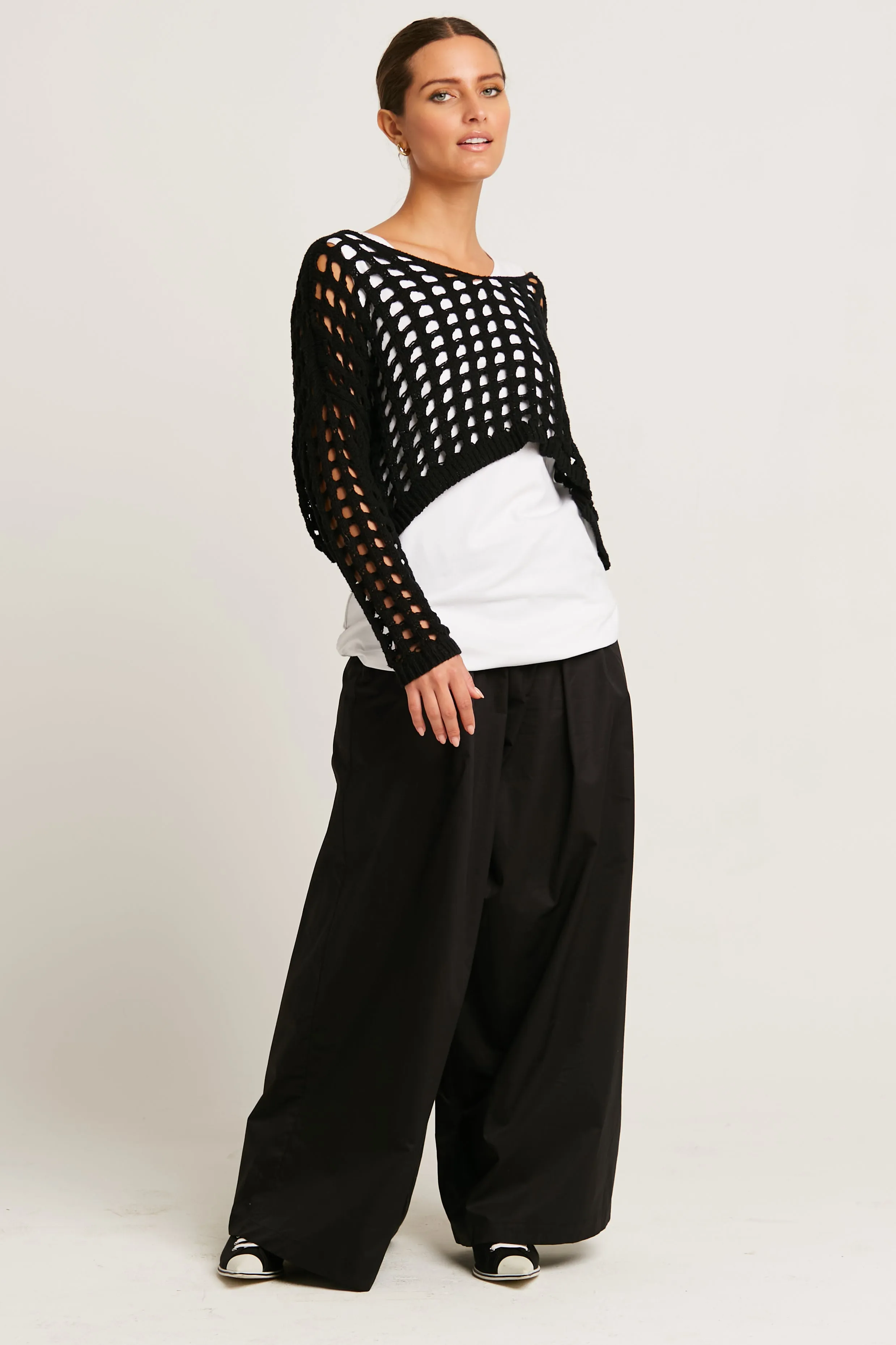Pima Cotton Mini Crochet Split Neck Knit