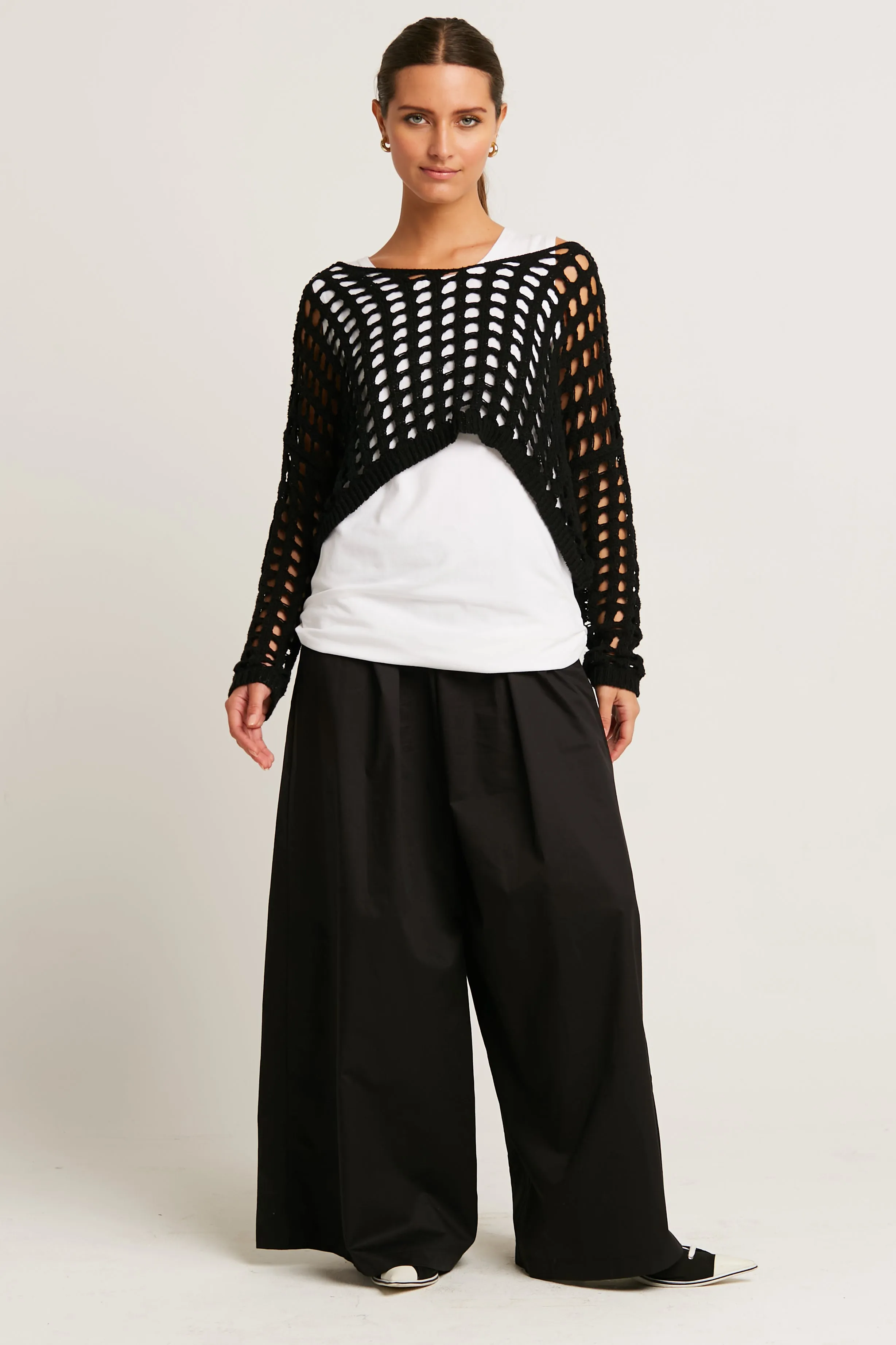 Pima Cotton Mini Crochet Split Neck Knit
