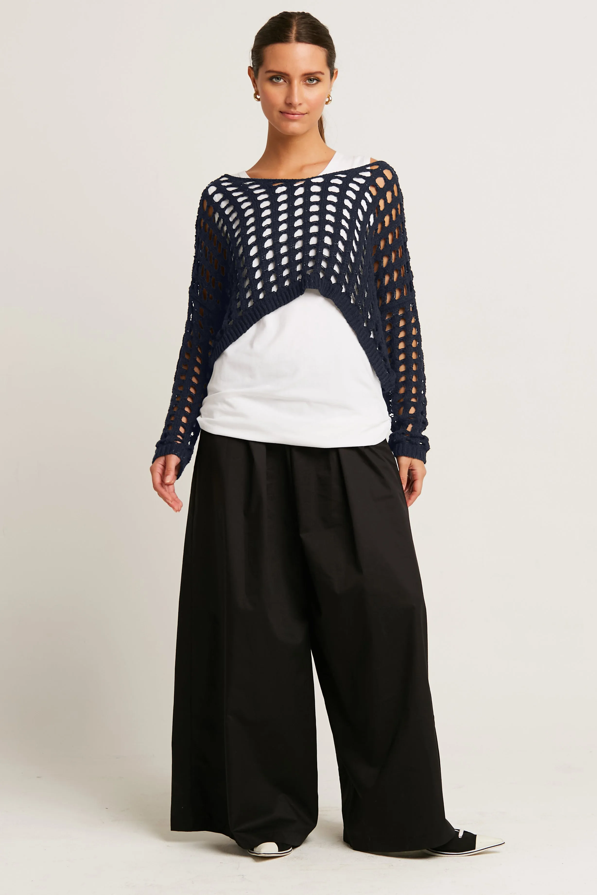Pima Cotton Mini Crochet Split Neck Knit