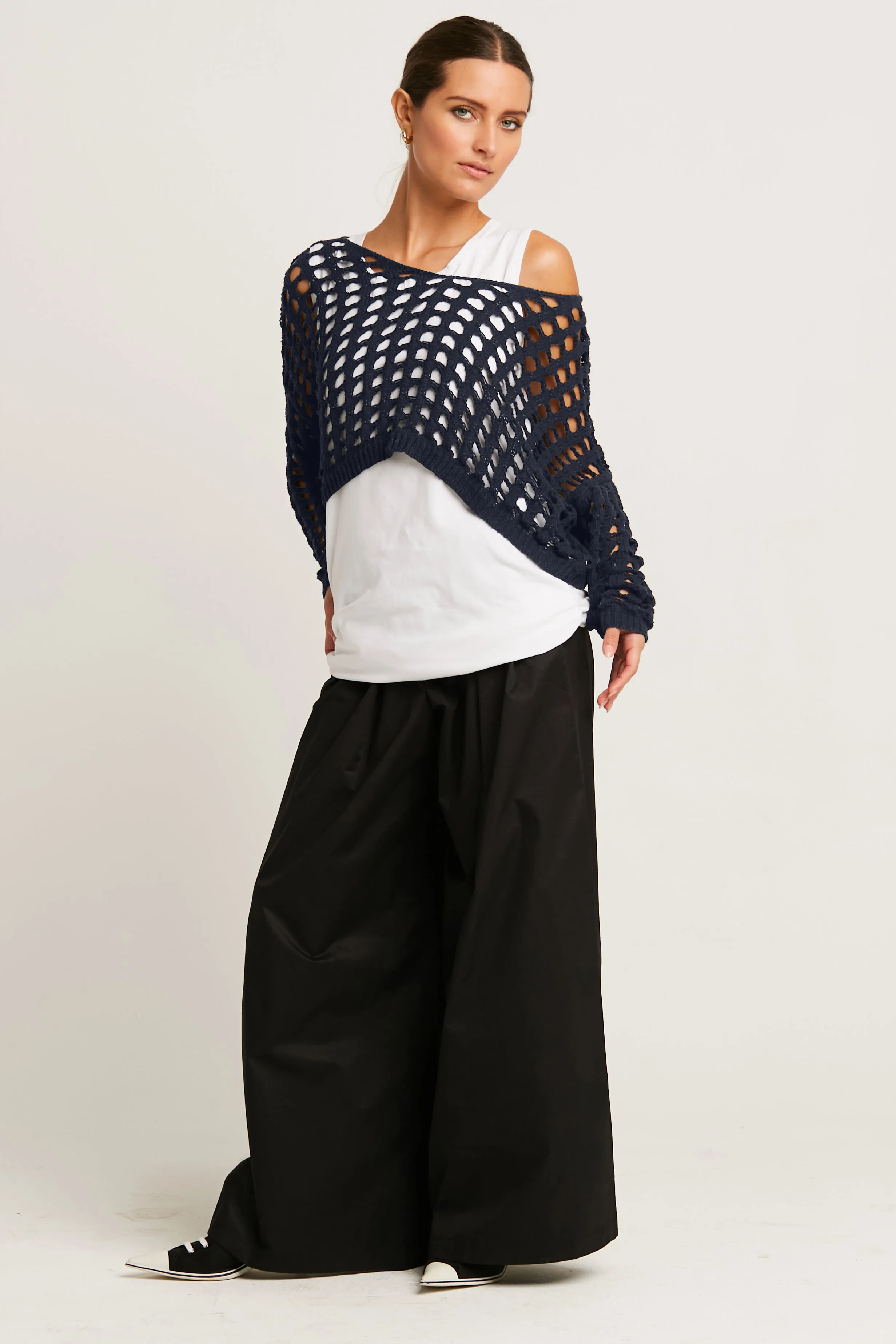 Pima Cotton Mini Crochet Split Neck Knit