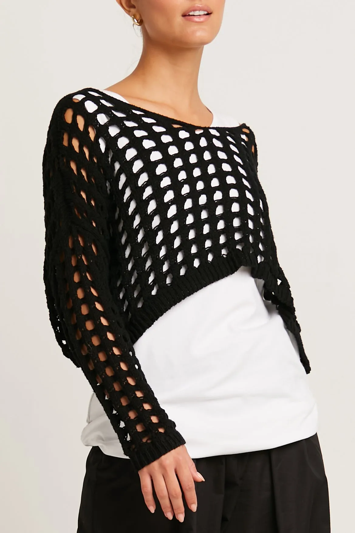 Pima Cotton Mini Crochet Split Neck Knit