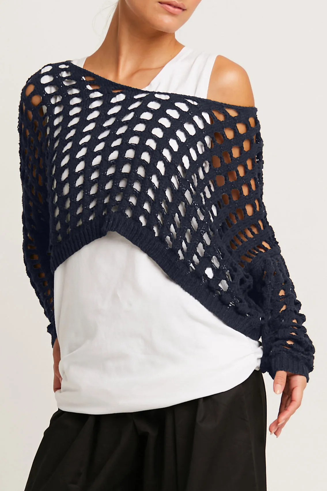 Pima Cotton Mini Crochet Split Neck Knit