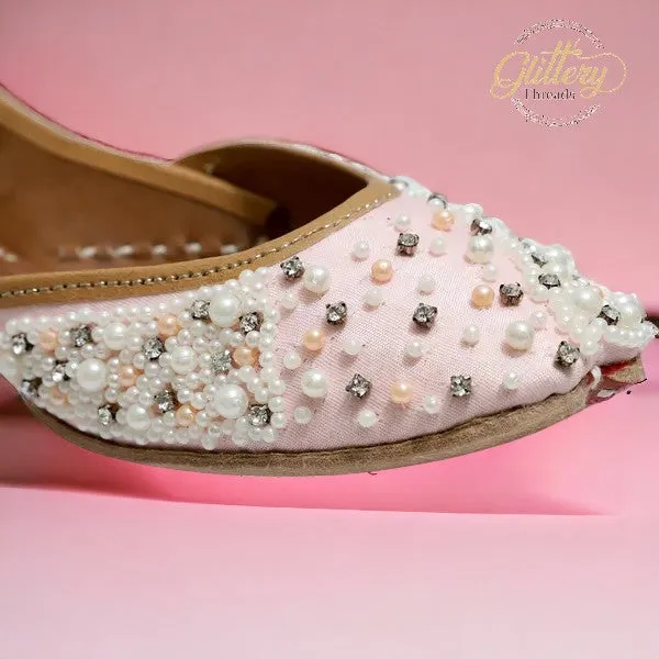 Pink Ethnic Punjabi leather Jutti with Pearl Work | Indian Traditional Mojari | Women's Khussa Shoes | Indian Ballet Flats