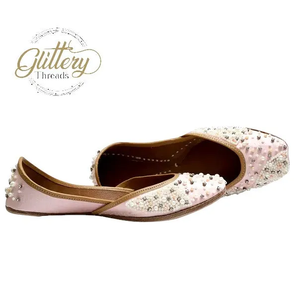 Pink Ethnic Punjabi leather Jutti with Pearl Work | Indian Traditional Mojari | Women's Khussa Shoes | Indian Ballet Flats
