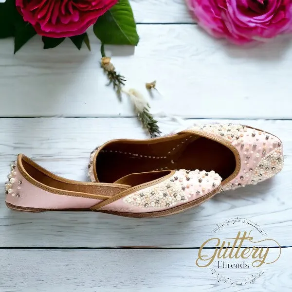 Pink Ethnic Punjabi leather Jutti with Pearl Work | Indian Traditional Mojari | Women's Khussa Shoes | Indian Ballet Flats