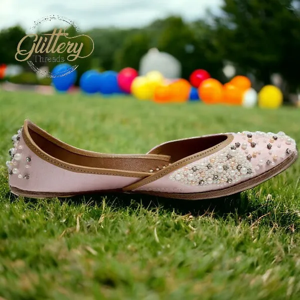 Pink Ethnic Punjabi leather Jutti with Pearl Work | Indian Traditional Mojari | Women's Khussa Shoes | Indian Ballet Flats