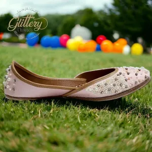 Pink Ethnic Punjabi leather Jutti with Pearl Work | Indian Traditional Mojari | Women's Khussa Shoes | Indian Ballet Flats