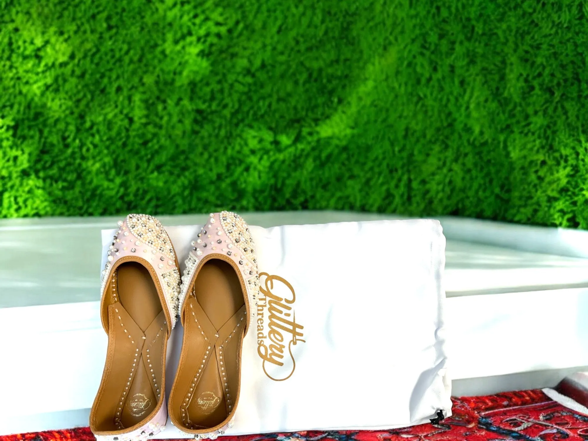 Pink Ethnic Punjabi leather Jutti with Pearl Work | Indian Traditional Mojari | Women's Khussa Shoes | Indian Ballet Flats