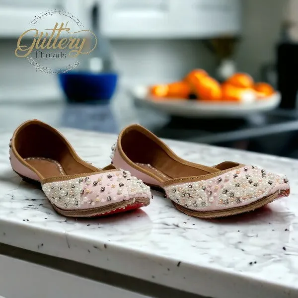 Pink Ethnic Punjabi leather Jutti with Pearl Work | Indian Traditional Mojari | Women's Khussa Shoes | Indian Ballet Flats