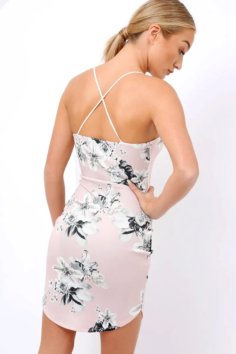 Pink Floral Curved Strappy Bodycon Dress - Collette