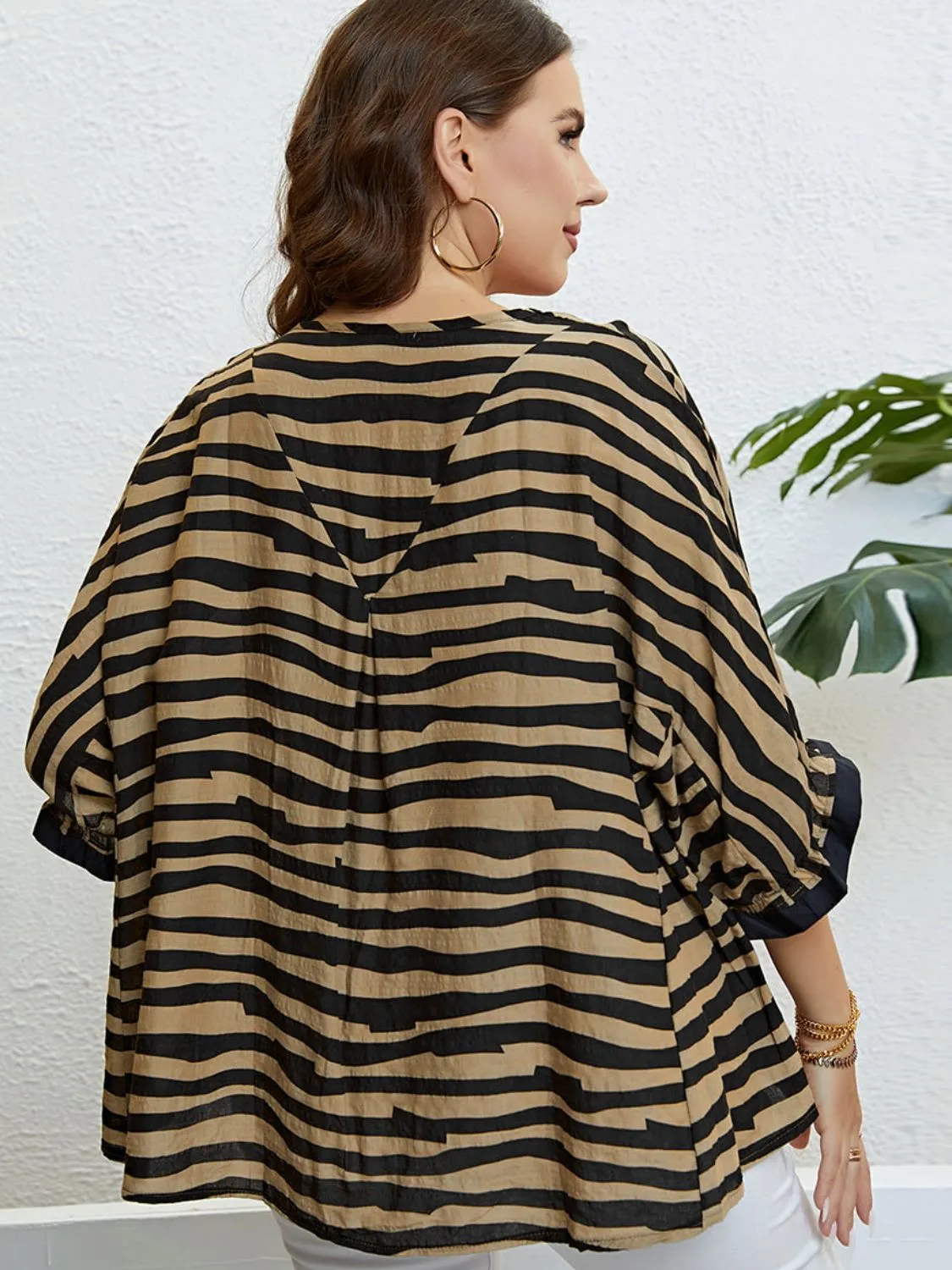 Plus Size Striped Three-Quarter Sleeve Boat Neck Top