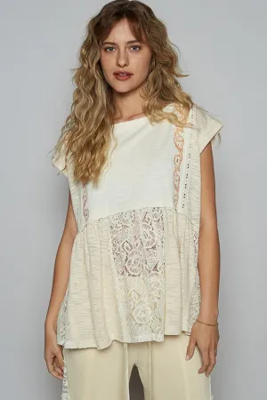 POL Embroidered Detail Boat Neck Cap Sleeve Lace Blouse