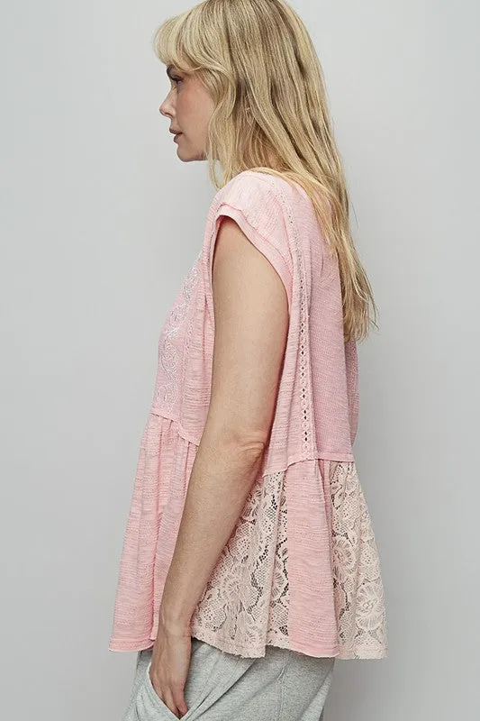 POL Embroidered Detail Boat Neck Cap Sleeve Lace Blouse
