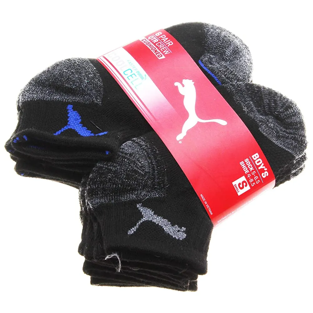 Puma Little Boy's 6 Pair Quarter Crew Cushioned Coolcrew Black/Grey/Blue Socks, shoe size 4-8.5