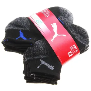 Puma Little Boy's 6 Pair Quarter Crew Cushioned Coolcrew Black/Grey/Blue Socks, shoe size 4-8.5