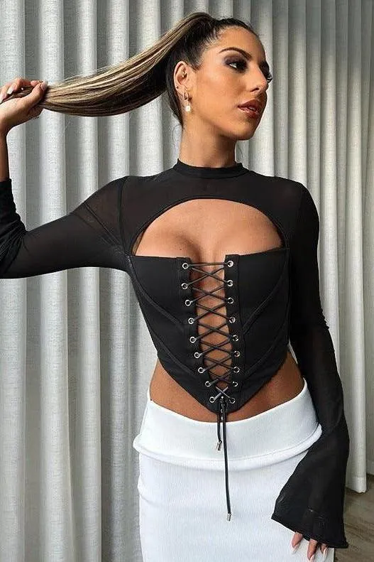 Round Neck Long Sleeve Backless Strappy Mesh Bodycon Top