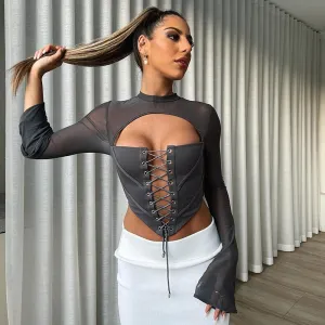 Round Neck Long Sleeve Backless Strappy Mesh Bodycon Top