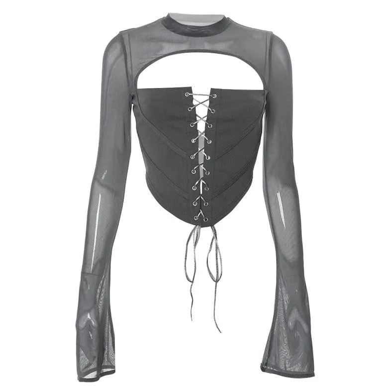 Round Neck Long Sleeve Backless Strappy Mesh Bodycon Top
