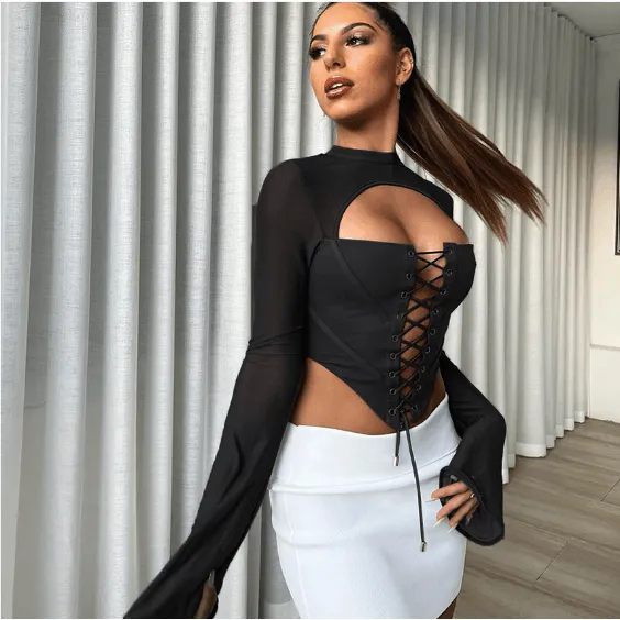 Round Neck Long Sleeve Backless Strappy Mesh Bodycon Top
