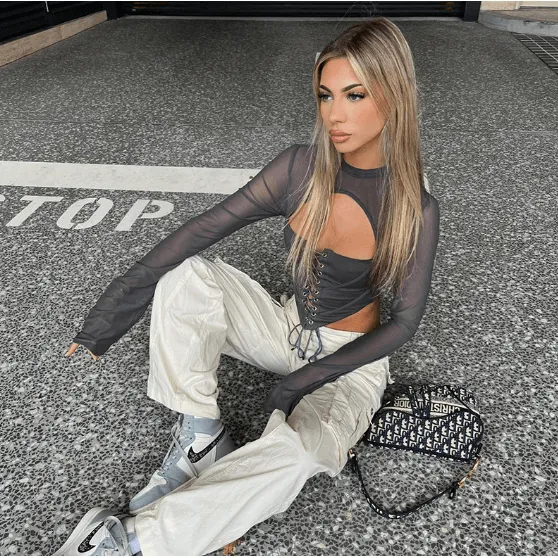 Round Neck Long Sleeve Backless Strappy Mesh Bodycon Top