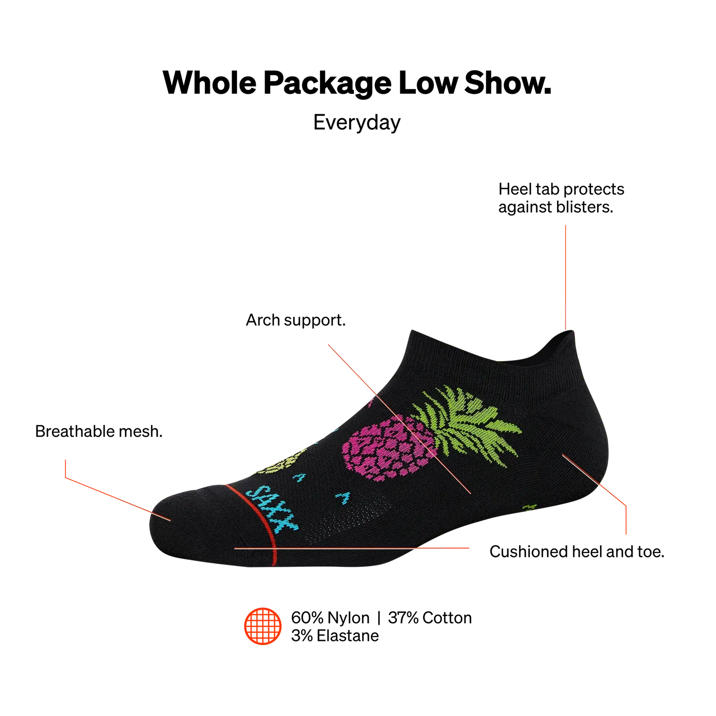 Saxx Mens Whole Package Low Show Socks - Pineapple Flip/Black