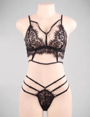 Scandals Black Strappy Floral Embroidery Sheer Mesh Lingerie Set