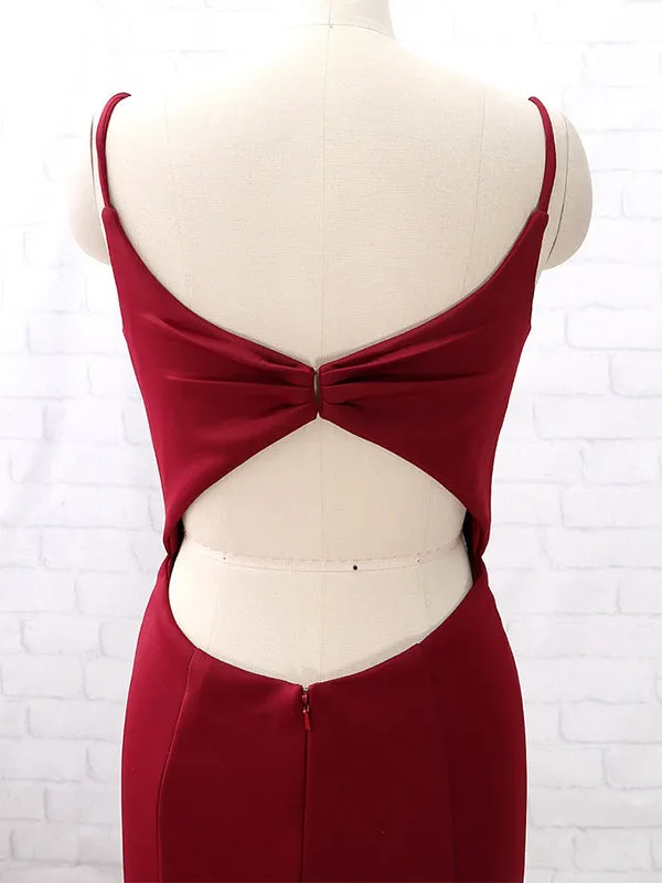 Sexy Dark Red Spaghetti Straps V-neck Mermaid Open Back Long Bridesmaid Dress, BD3254