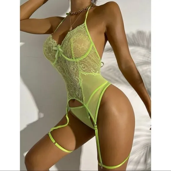 Sexy Sheer Floral Lace Up Lingerie Set Bodysuit