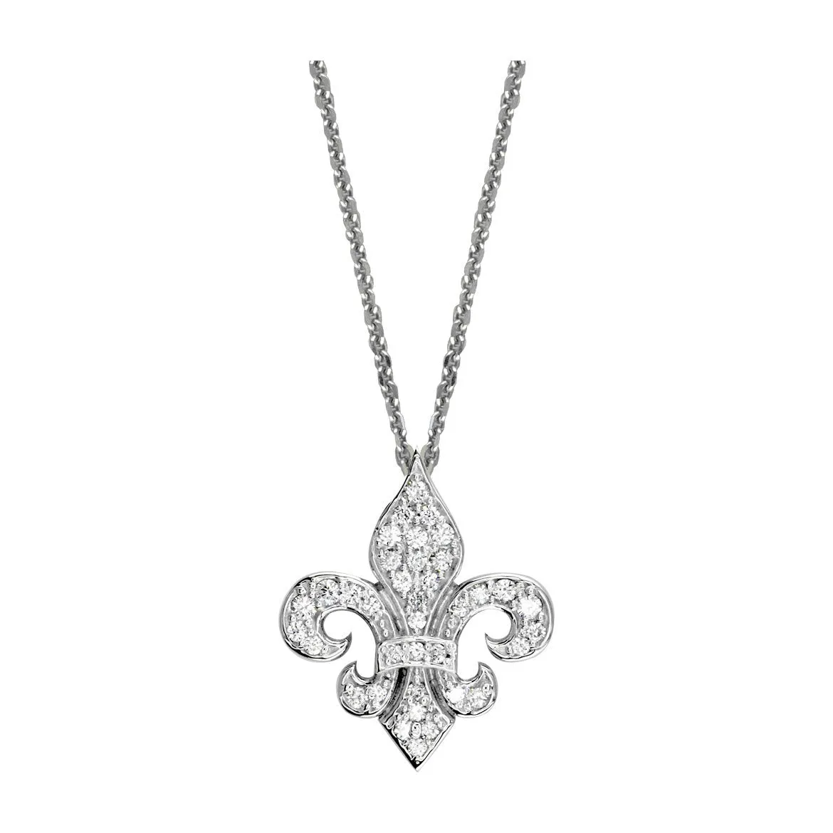 Small Diamond Fleur De Lis Pendant and Chain in 14K White Gold